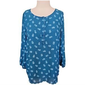 Skies Are Blue Daisy Print 3/4 Sleeve Bouse w Scalloped Hem Size M